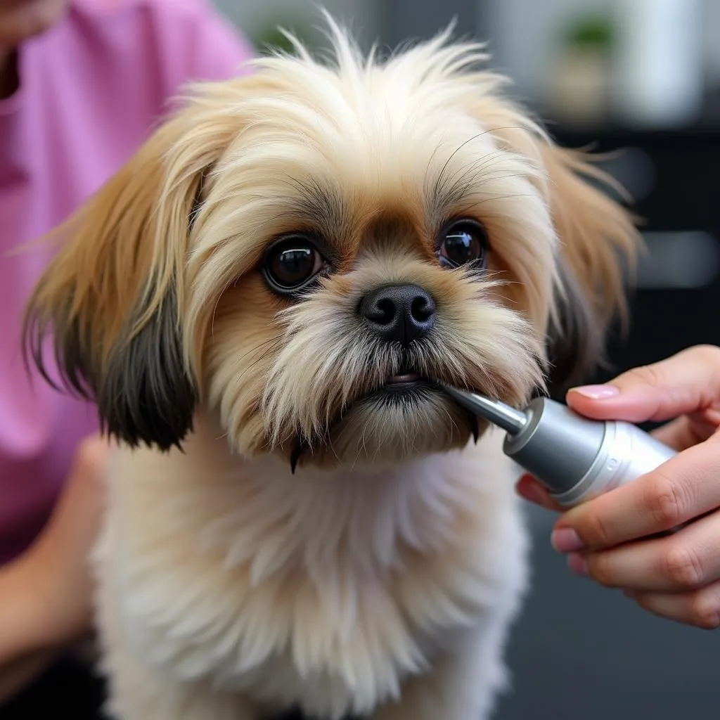 A Shih Tzu with tangled fur is being groomed