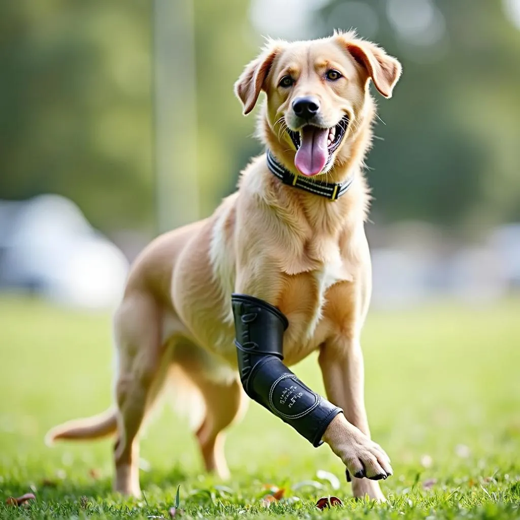 A dog wearing a leg splint rear, enjoying a walk in the park