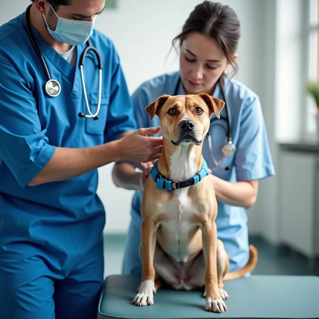 A veterinarian examining a dog's leg, explaining the importance of a leg splint rear