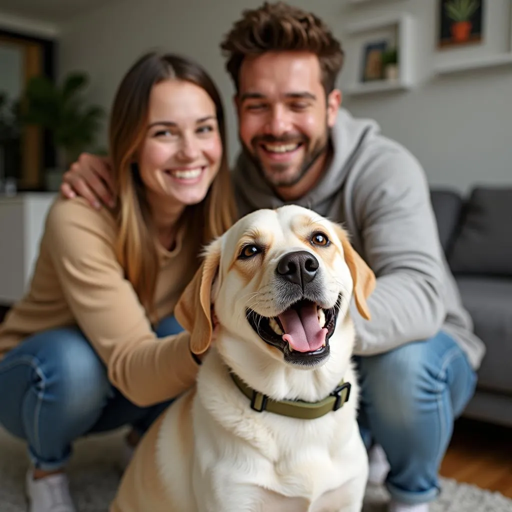 A couple embracing their new dog