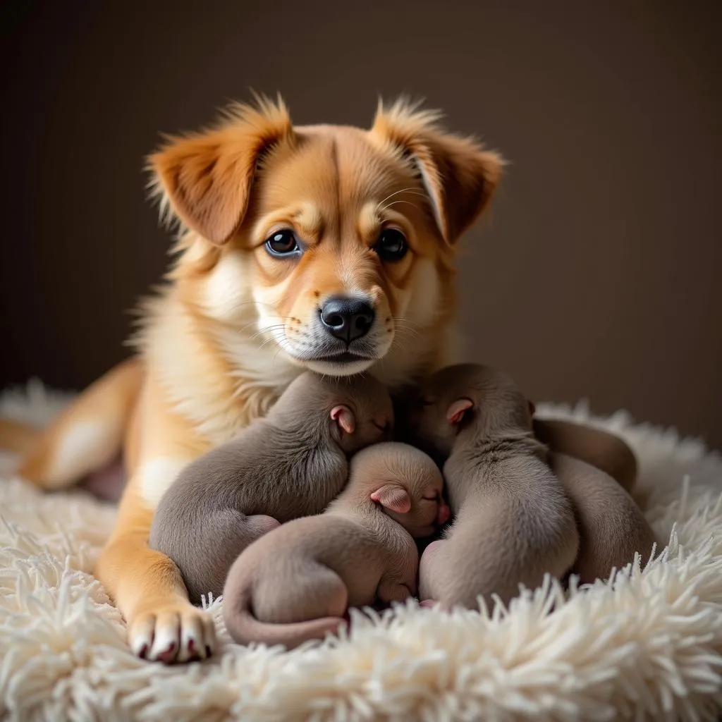 Capturing the essence of motherhood: A pregnant dog with her adorable puppies