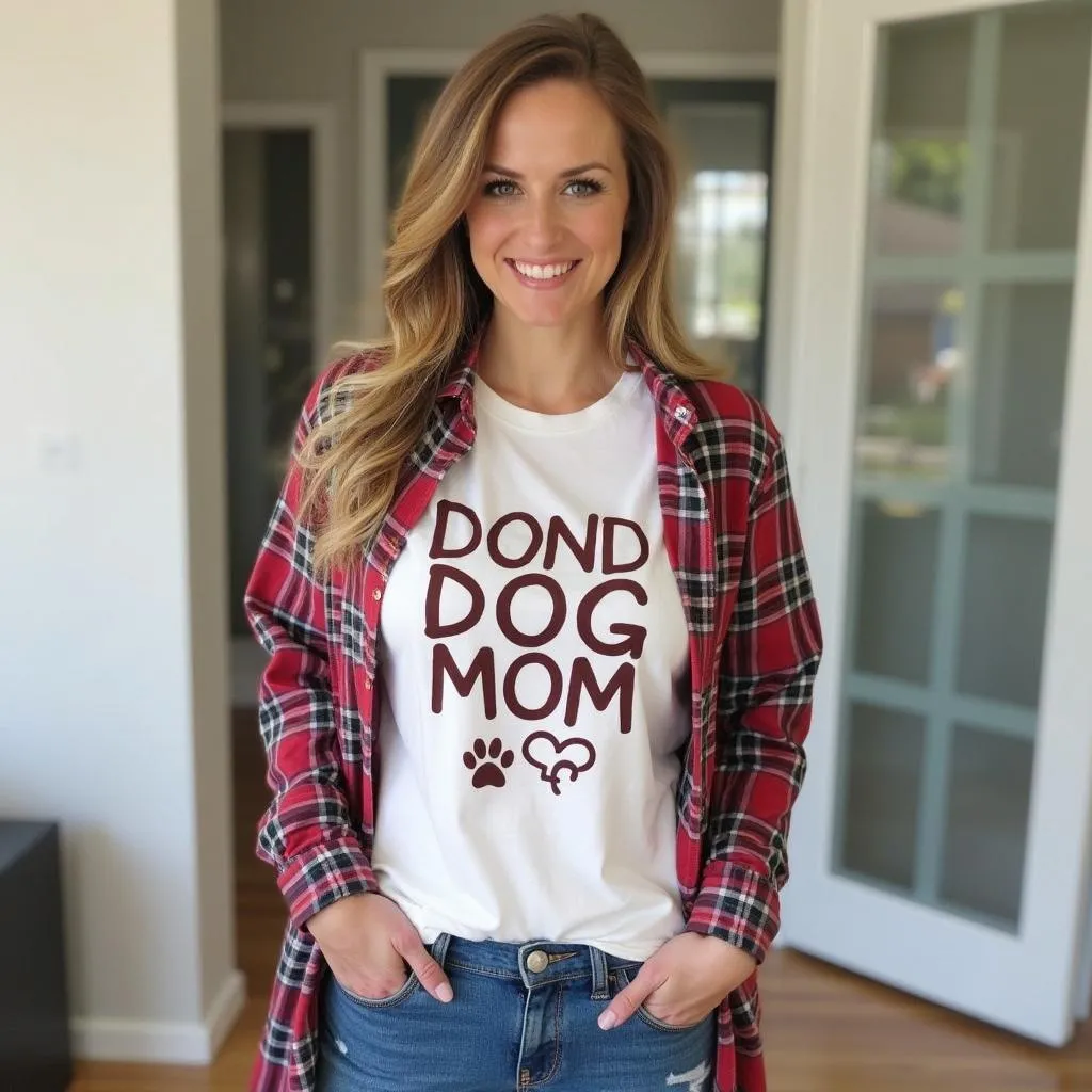 A dog mom wearing a cute dog-themed t-shirt with a matching bandana on her dog, walking down the street.