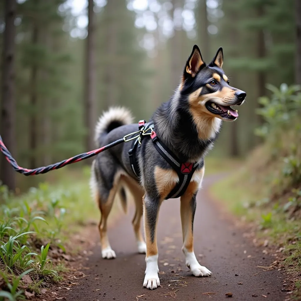 Dog mushing scooter with a harness