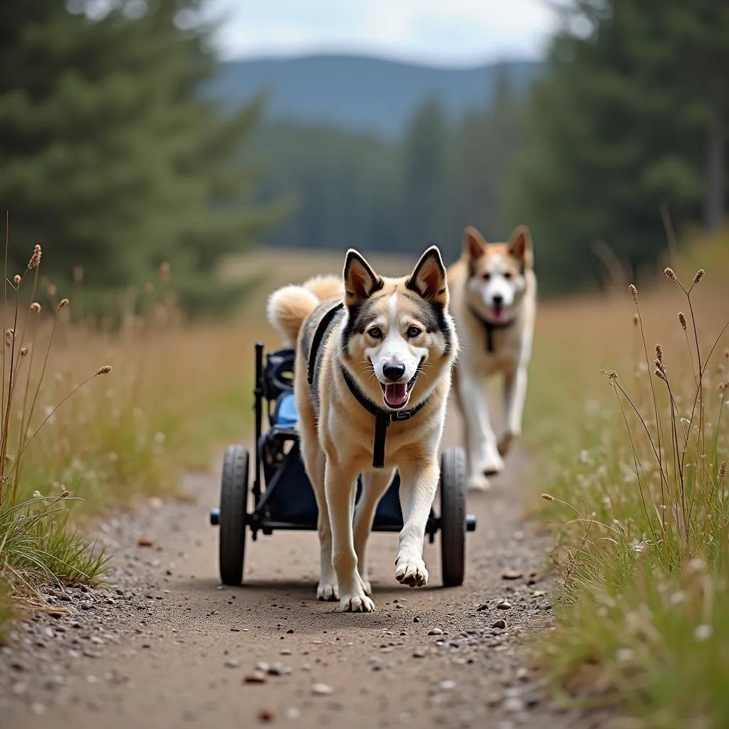 Dog pulling a dog mushing scooter