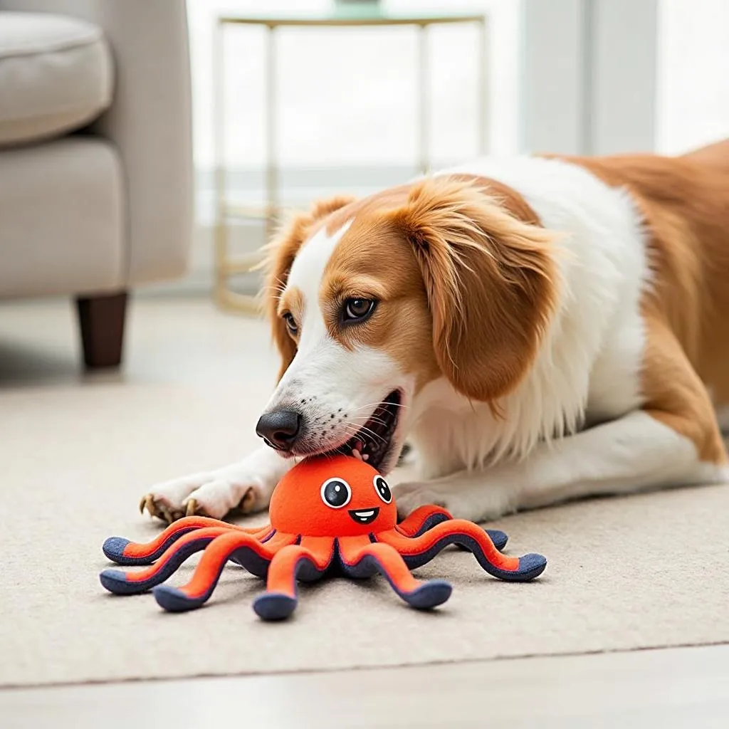 dog playing with octopus toy indoors