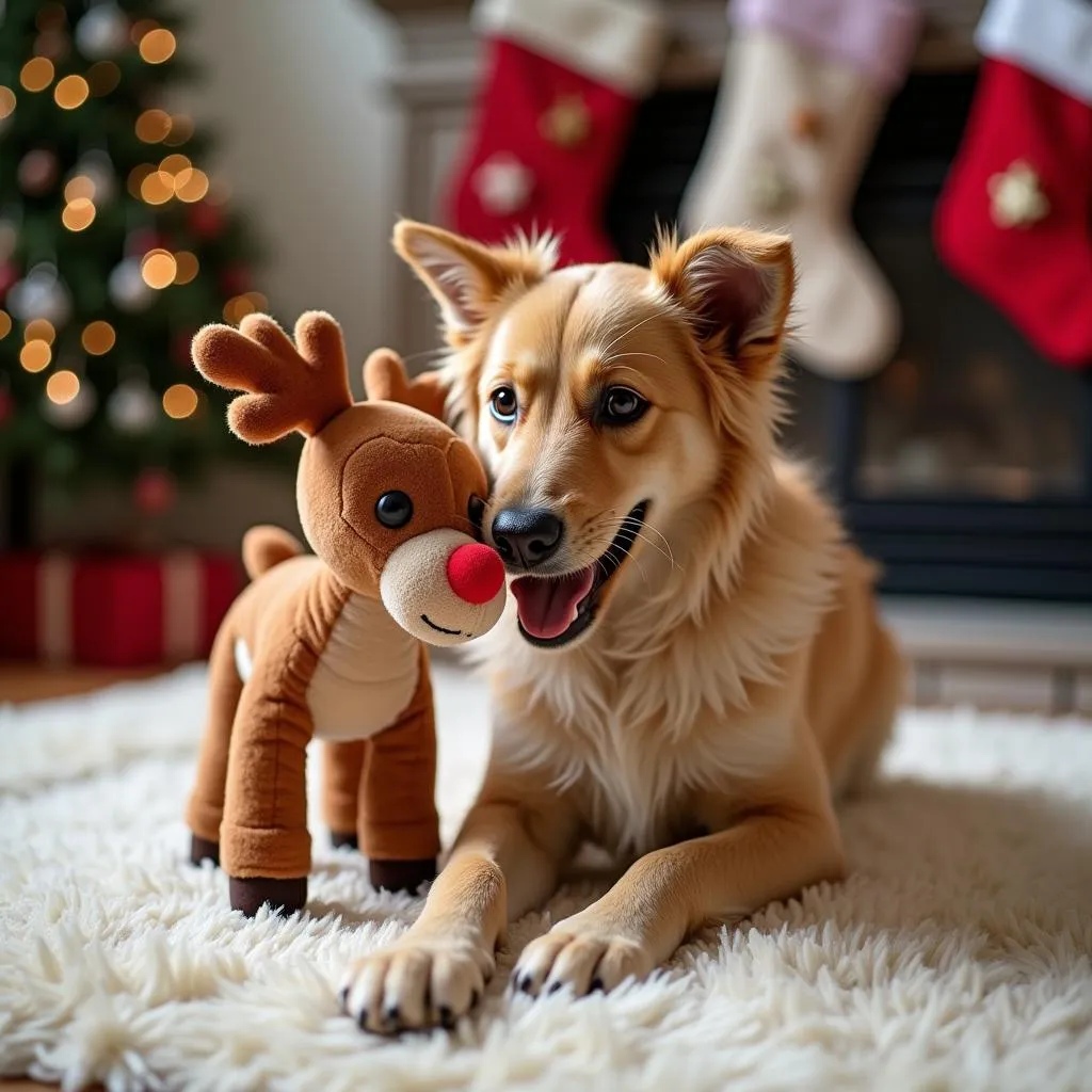 Dog playing with a Christmas toy