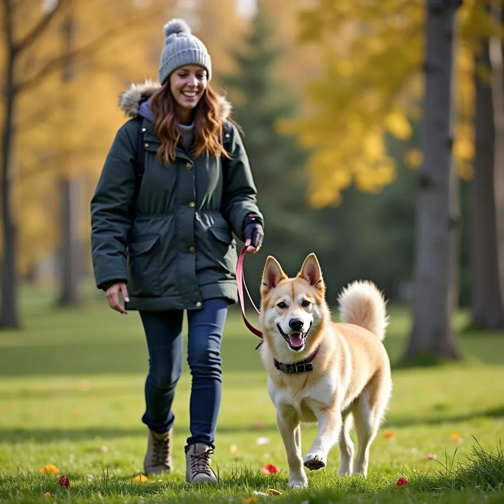 Dog sitter walking a dog in the park in Fairbanks, Alaska