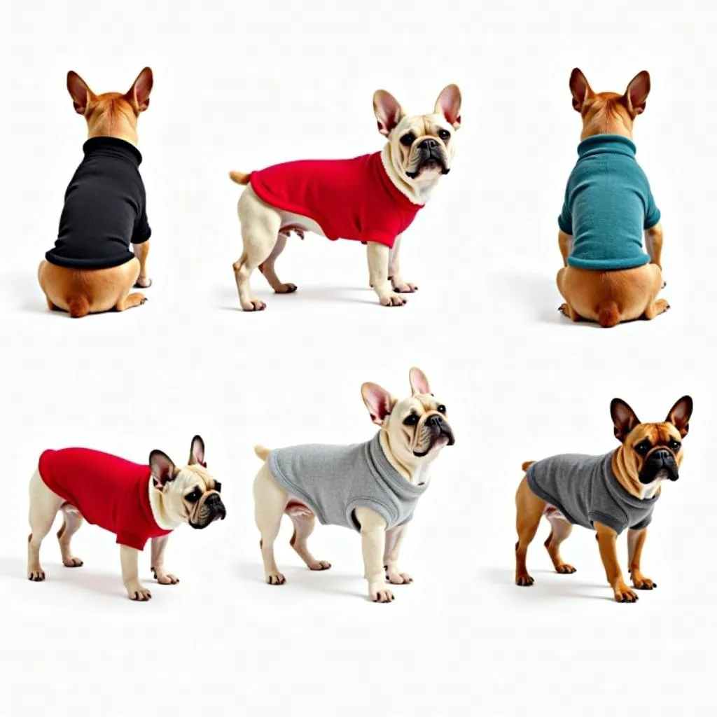 A variety of colorful dog sweaters for French Bulldogs