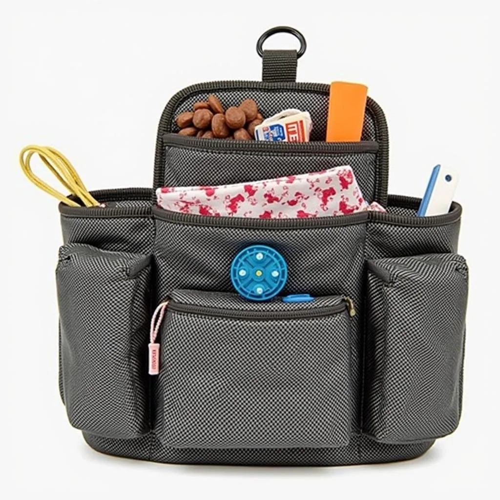 Dog treat and poop bag holder with multiple compartments and belt clip