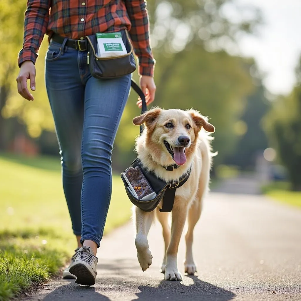 Dog treat and poop bag holder being used during a walk