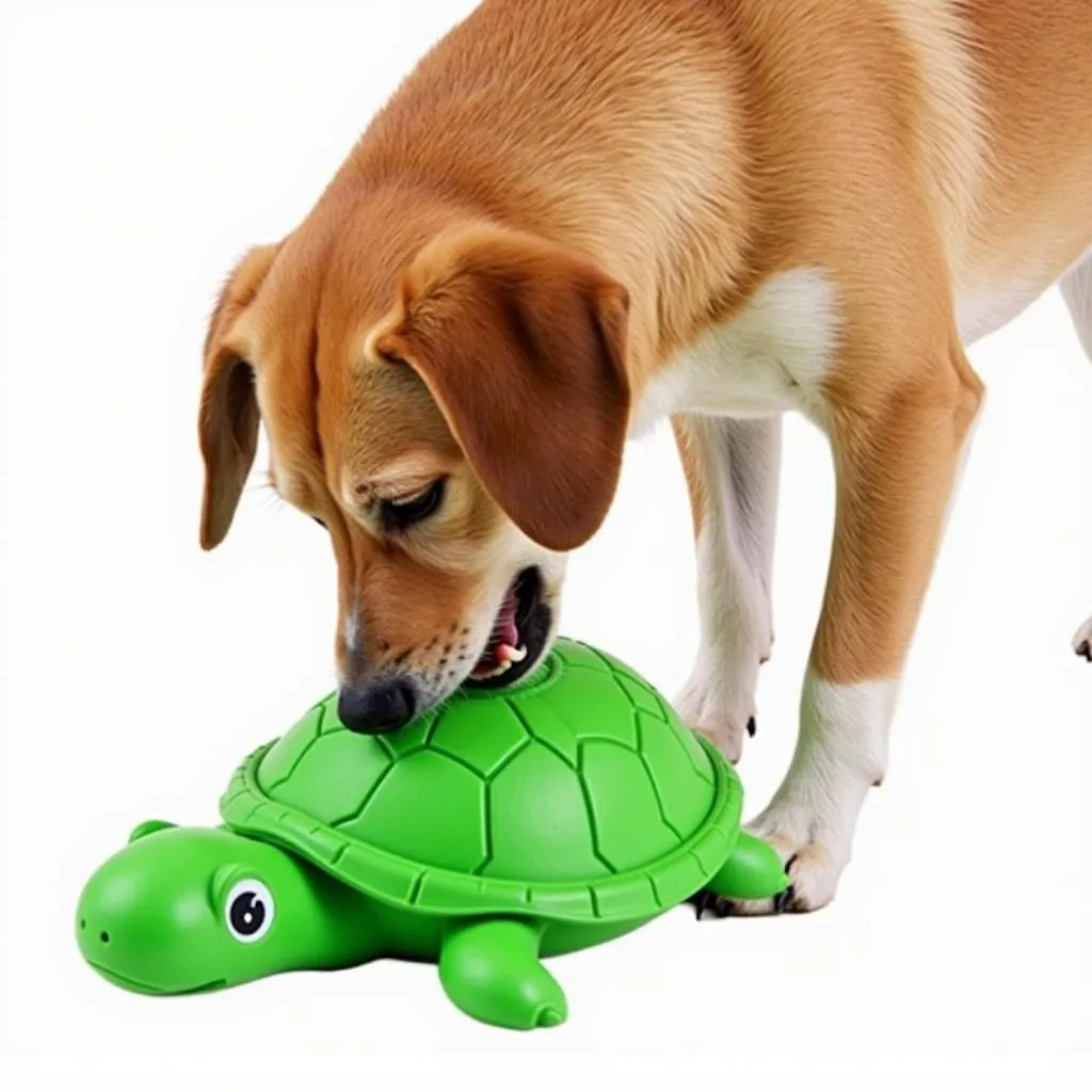 Medium-sized dog playing with a dog turtle toy