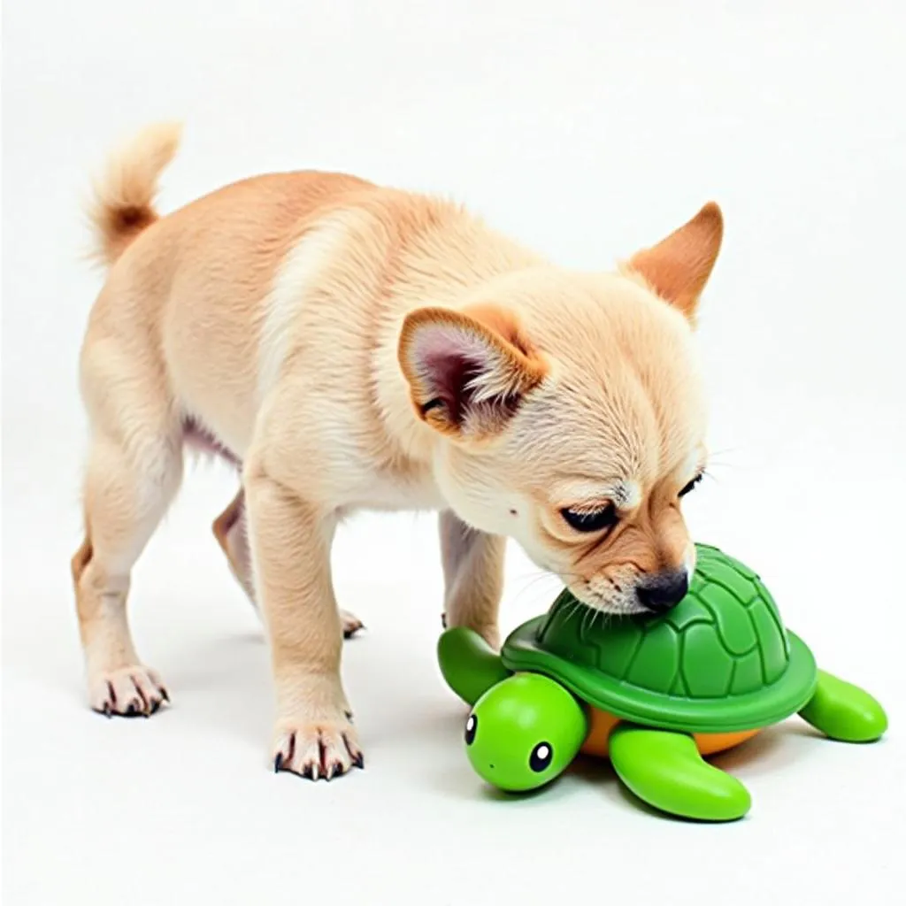 Small dog playing with a dog turtle toy