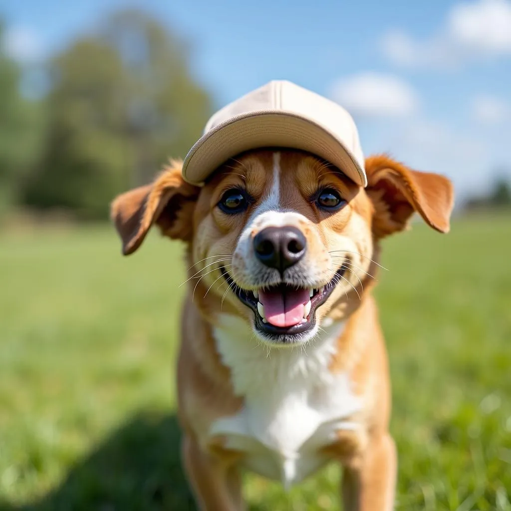 Dog wearing a baseball cap outdoors