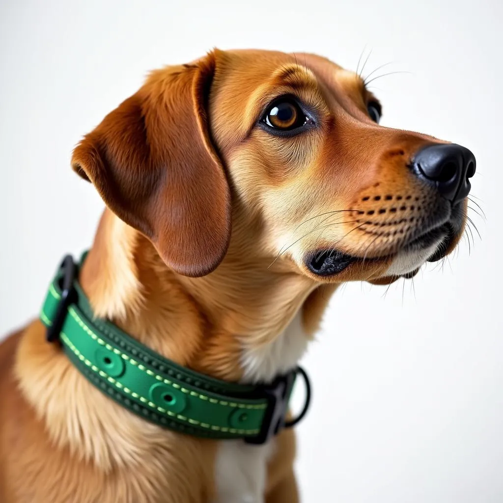 Dog wearing a stylish green collar