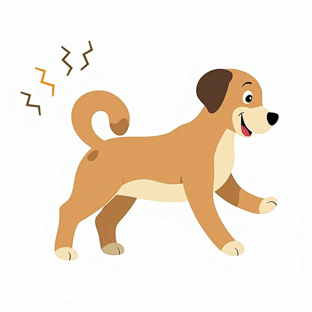 A dog with a short, curled tail wagging in a happy, zig-zag motion