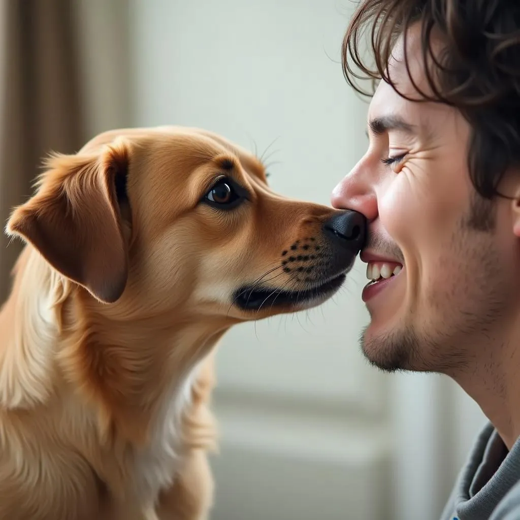 Dog licking owner's face affectionately