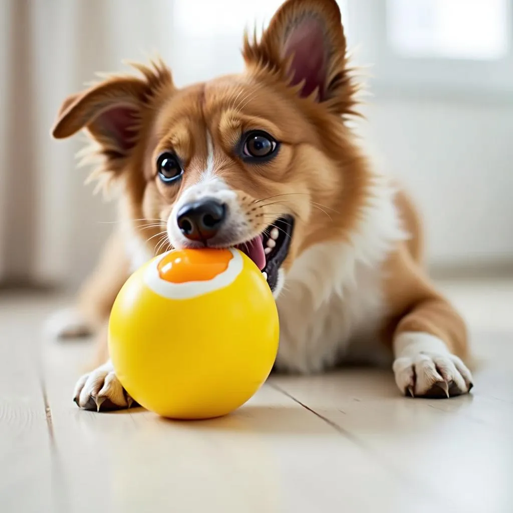 Dog chewing on an egg toy with excitement