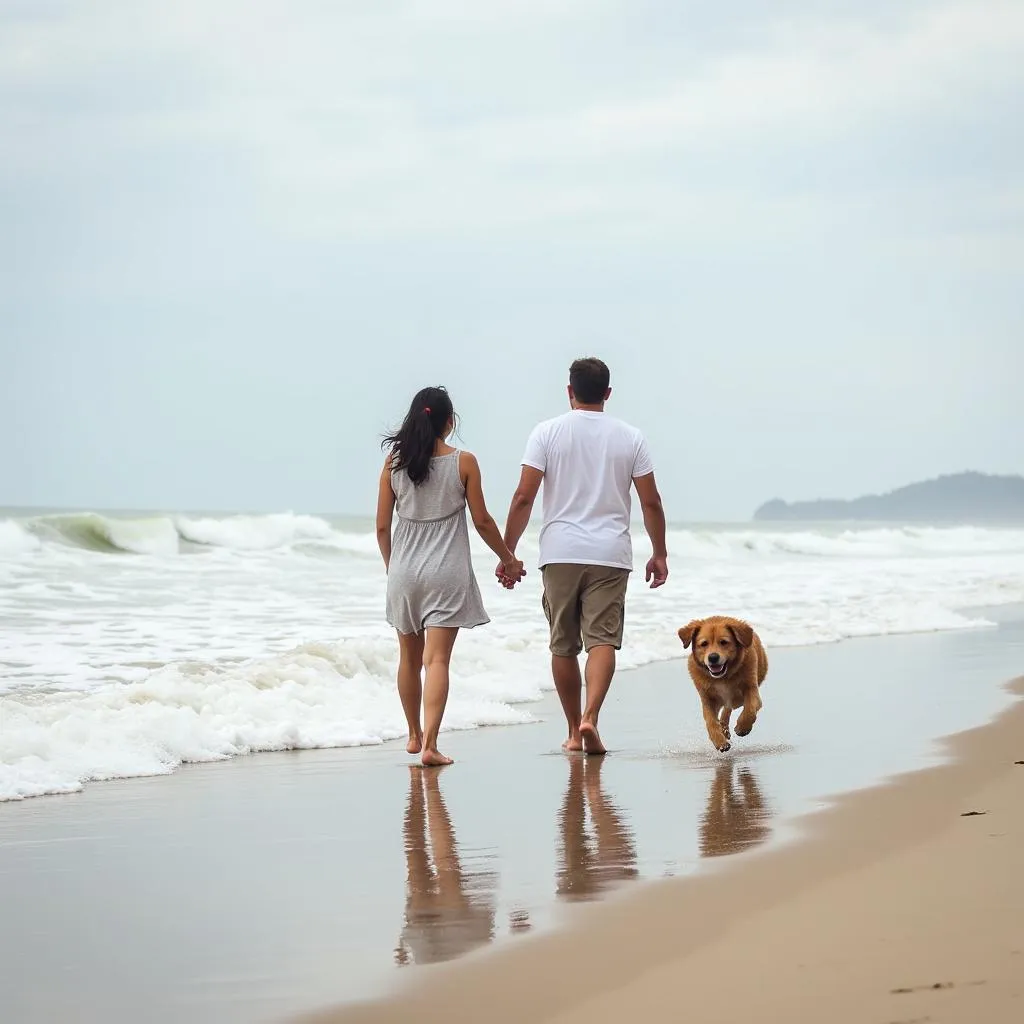 Engagement Photos with Couple and Dog on Beach