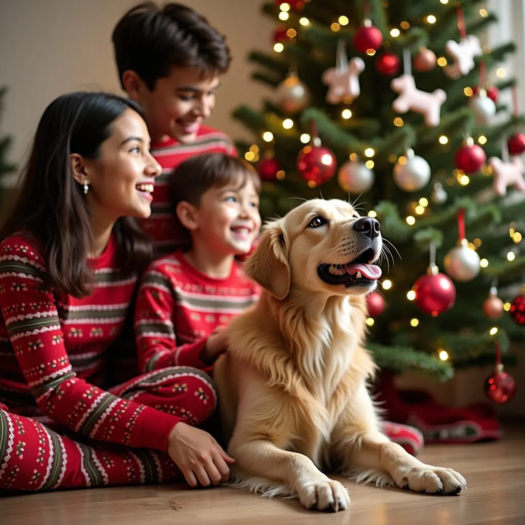 A family of three enjoying Christmas with their dog