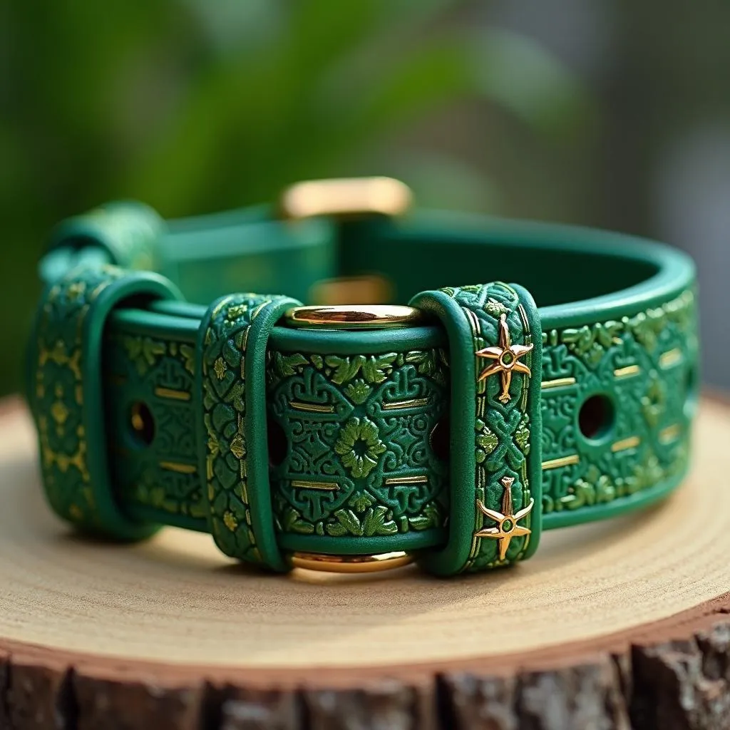 Green dog collar with Feng Shui elements