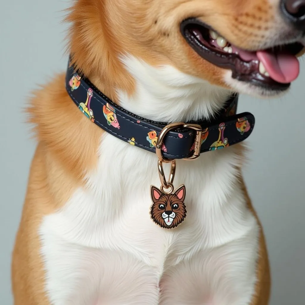 A dog wearing a fun dog collar with a charm