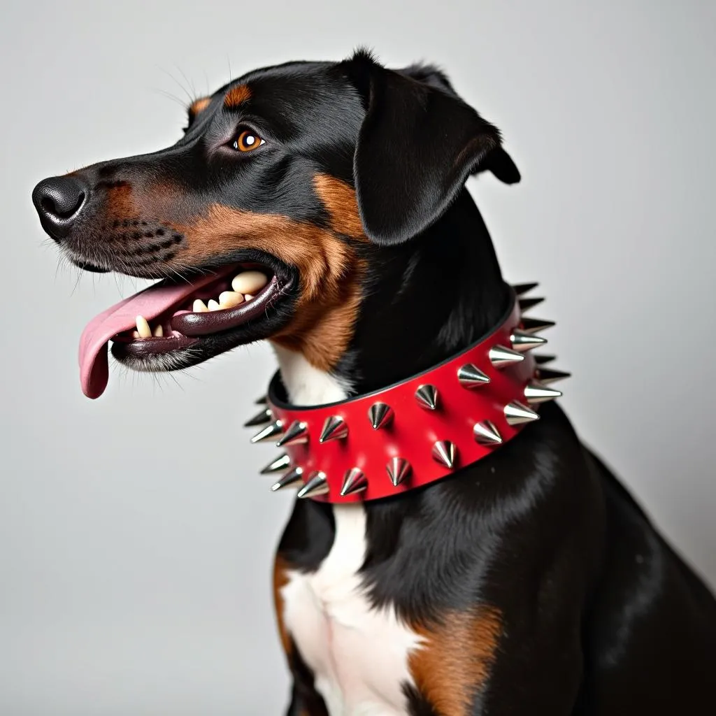 A dog wearing a red spiked gangster dog collar