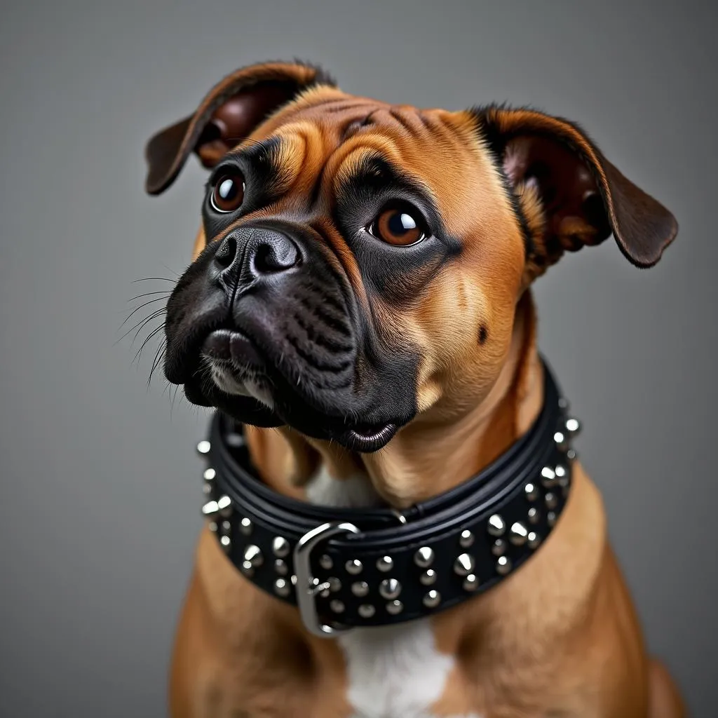 A dog wearing a black studded leather gangster dog collar