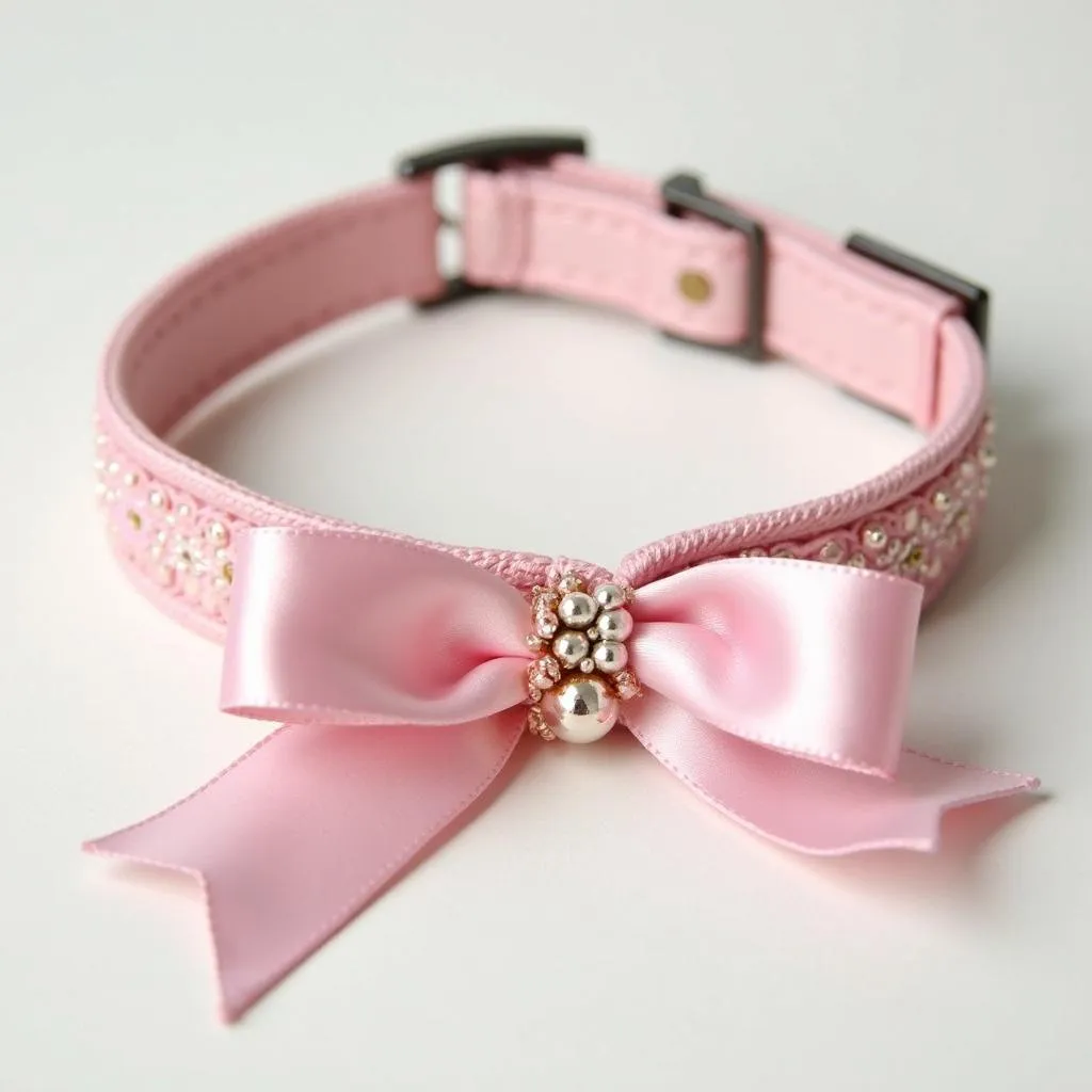 Pink Dog Collar with Flowers and Ribbon