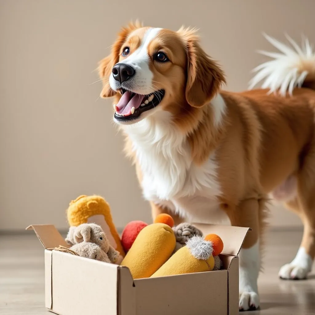 A dog enjoying the treats and toys from a unique dog box