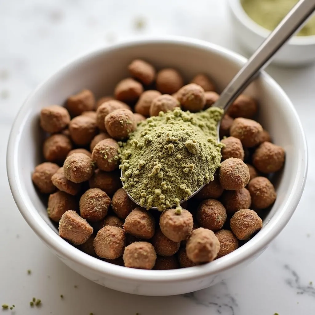 Hemp seed powder sprinkled on dog food