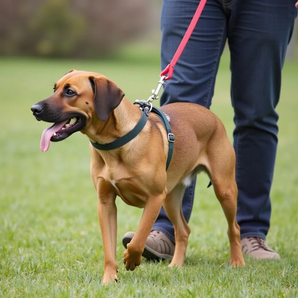 A dog wearing a hidden prong collar is walking calmly beside its owner