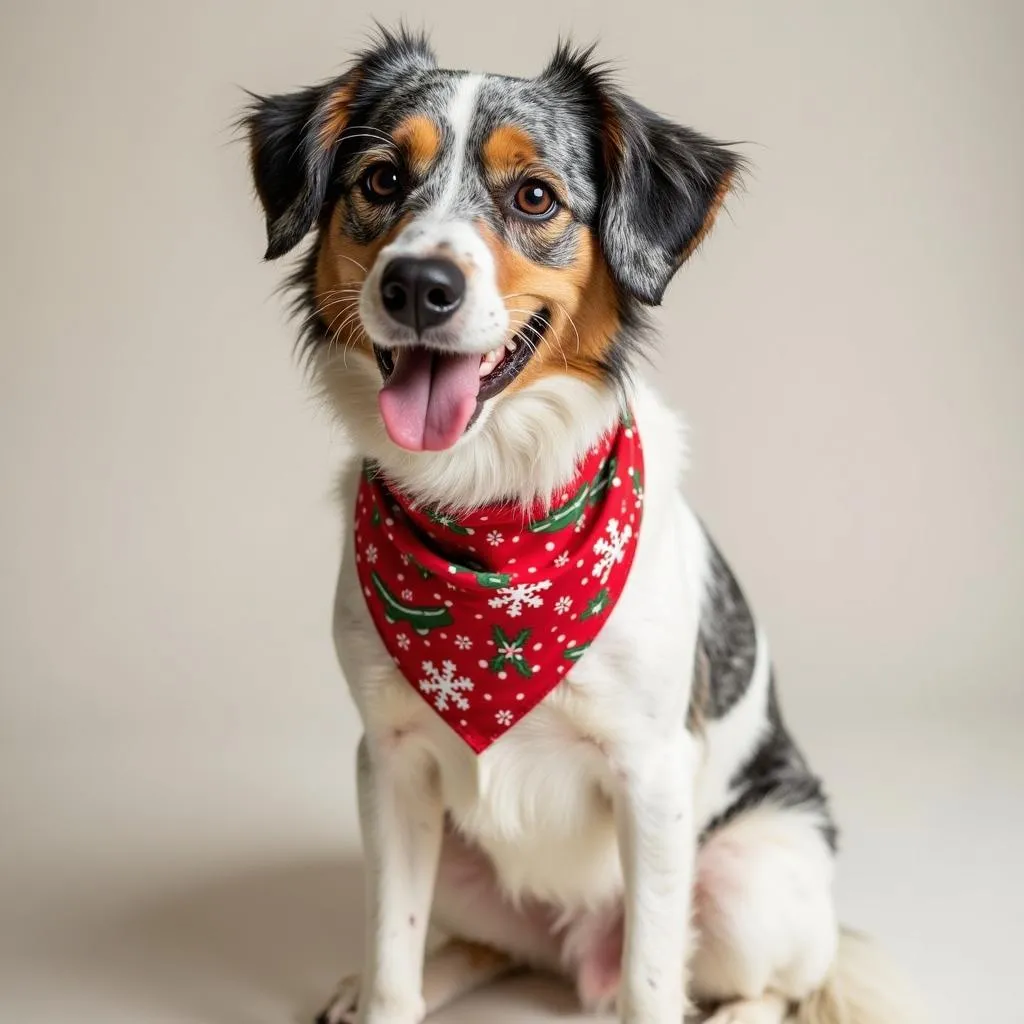 Dog wearing a festive Christmas dog bandana