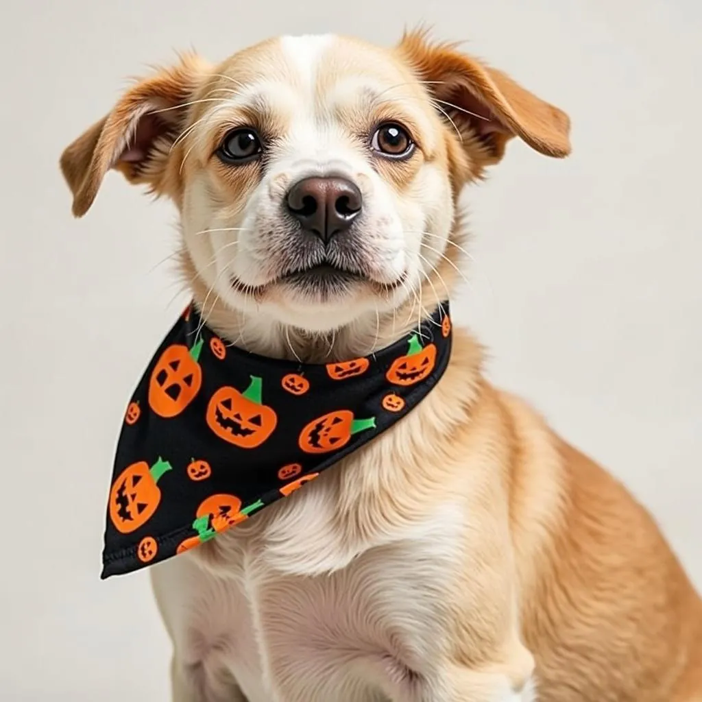 Dog wearing a spooky Halloween dog bandana