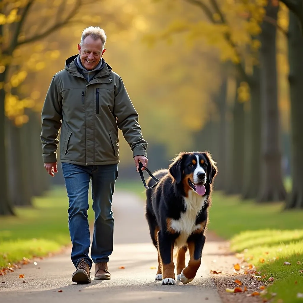 Bernese Mountain Dog Owner Walking in a Park