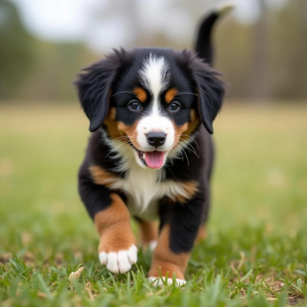 Bernese Mountain Dog Puppy Playing in a Field