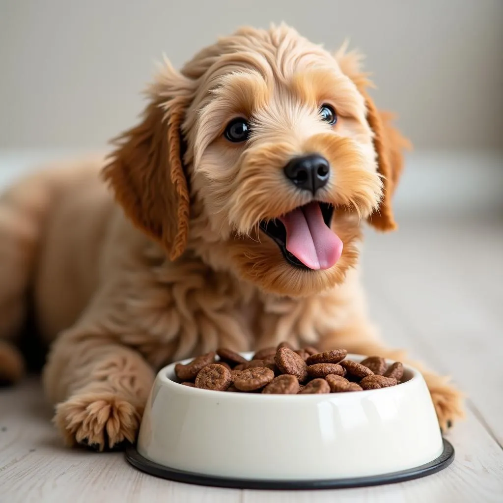 Labradoodle Puppy Eating High-Quality Dog Food