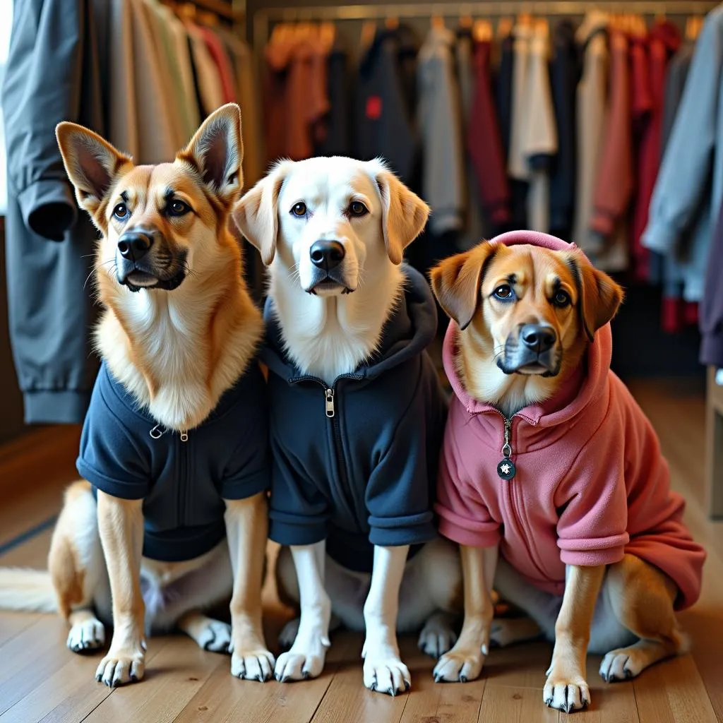 A variety of clothes for large dogs in a pet store