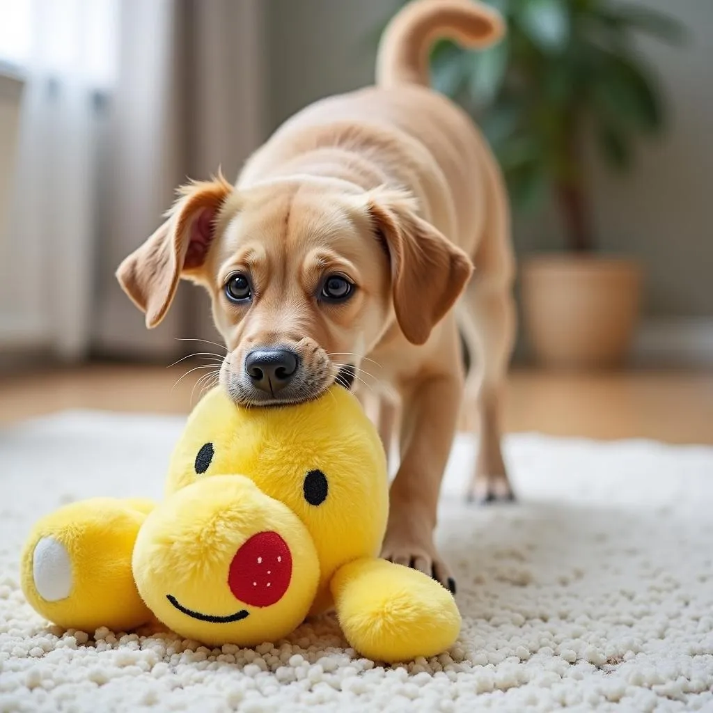 Large plush dog toy being played with by a dog