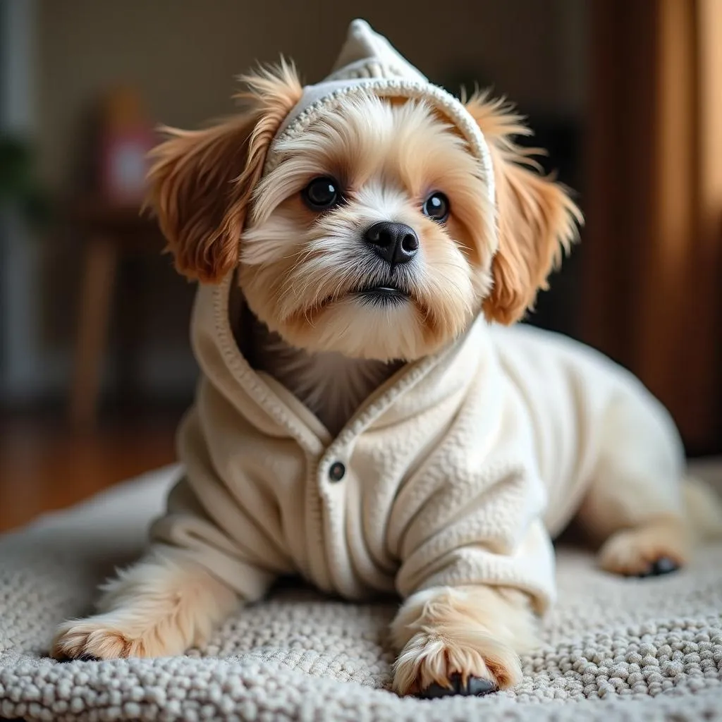 Cozy dog wearing a lazy dog uniform