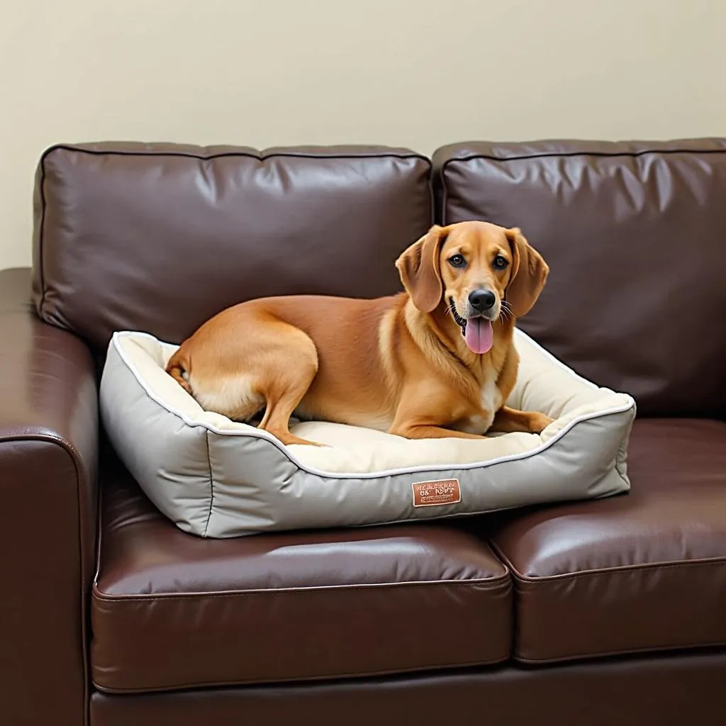 Dog bed on leather sofa