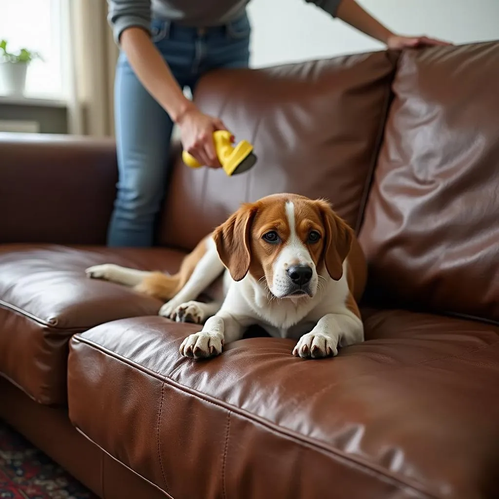 Cleaning leather sofa with dog