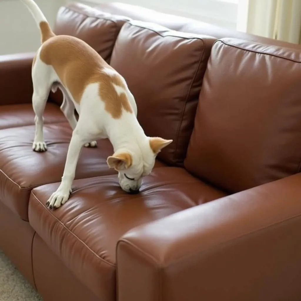 Dog scratching leather sofa