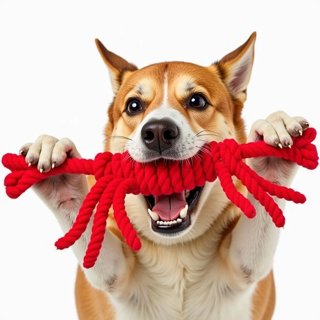 Dog playing with lobster rope toy