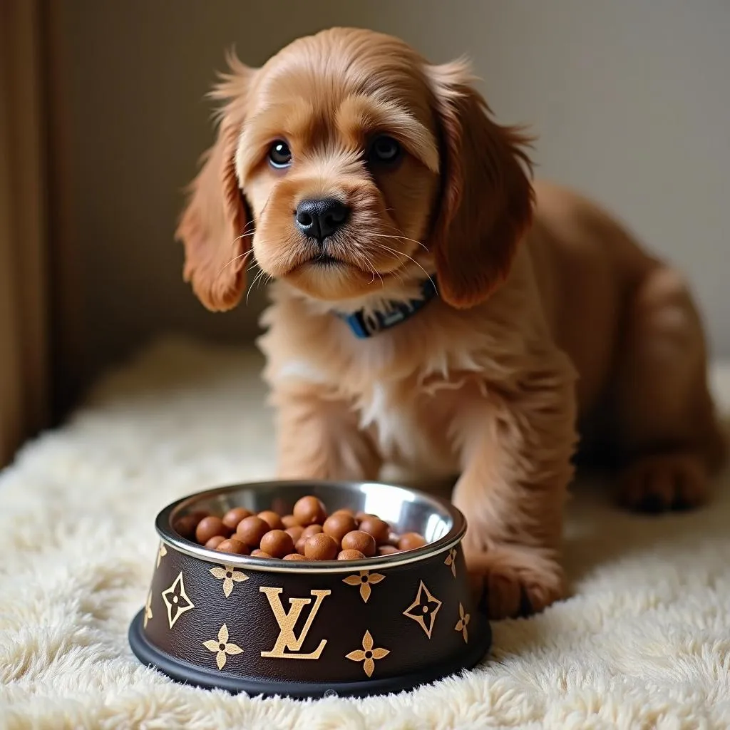 Louis Vuitton dog bowl with iconic monogram design