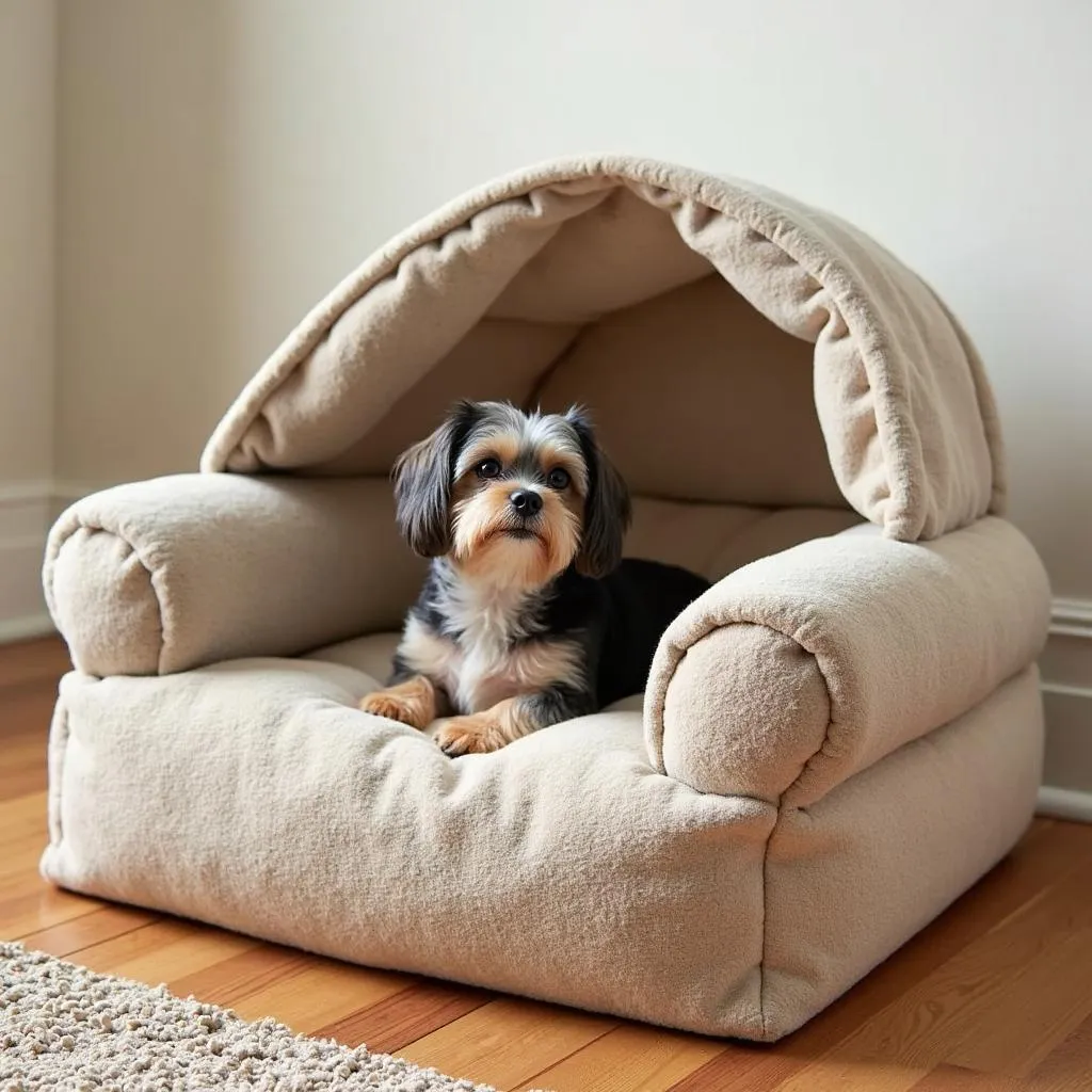 A small dog comfortably nestled on a loveseat with a soft and stylish loveseat dog cover