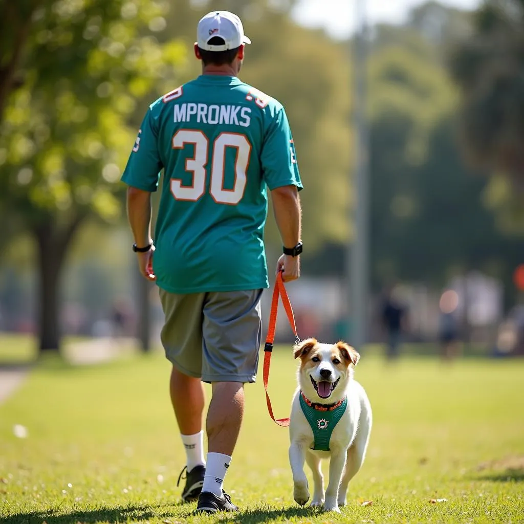 A Miami Dolphins fan walking their dog in the park with a Miami Dolphins dog collar on