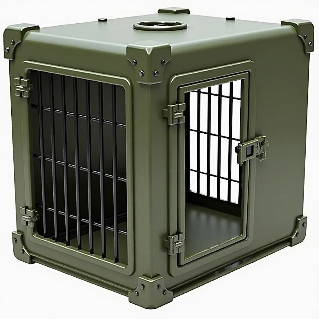 A large, military-grade dog crate designed to accommodate large breeds