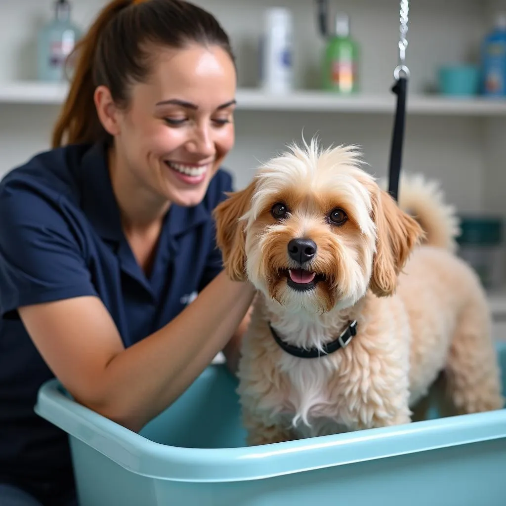 Mobile dog groomer Augusta GA - A groomer preparing a dog for a bath