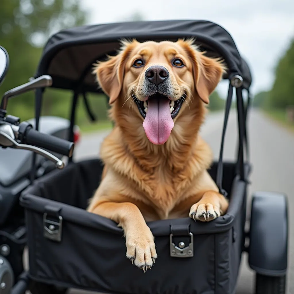 Happy dog enjoying ride in a motorcycle trailer