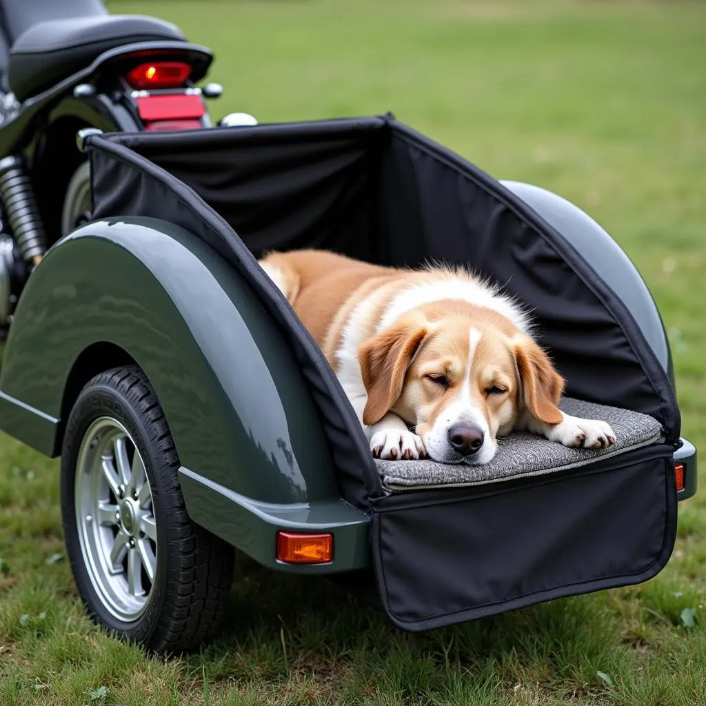 Dog sleeping peacefully in a motorcycle trailer